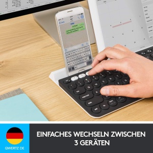 Tastatura wireless Logitech K780, conexiune Bluetooth si 2,4 GHz, functie multidispozitiv si comutare usoara, suport integrat, PC/Mac/tableta/smartphone, aspect QWERTZ german - gri inchis/alb - Img 2