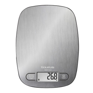 Taurus Easy Inox - Cantar digital de bucatarie | Capacitate de cantarire de 5 kg | Functie de flotabilitate | 4 senzori de precizie | Precis | Argintiu, 15 cm x 20 cm