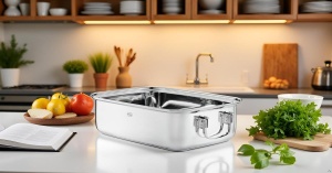Tava de copt ROSLE din inox, 37 x 27 cm, capacitate 8 litri, cu manere pliabile - Img 5