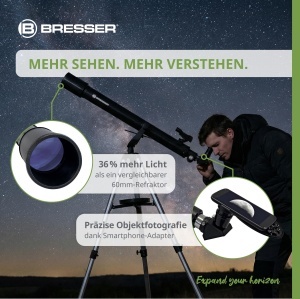Telescop refractor Bresser Sirius 70900 AZ cu stativ, adaptor smartphone si filtre solare - Img 6