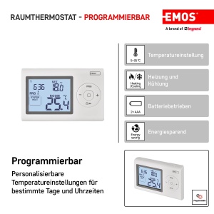 Termostat digital de camera EMOS, termostat de perete programabil pentru sisteme de incalzire si racire, termostat / regulator de temperatura a camerei cu protectie impotriva inghetului, conectat prin fir pentru montare pe suprafata 12 x 2,6 x 7,8 cm - Img 2