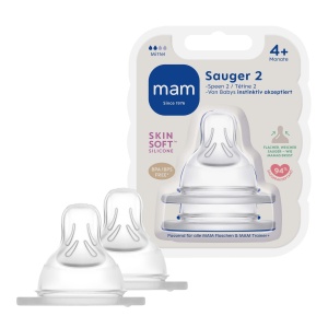 Tetina pentru biberoane MAM, marimea 2, set 2 bucati, silicon SkinSoft, 4 luni