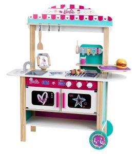 Theo Klein 7329 Barbie Bucatarie din lemn, restaurant bistro, lemn (MDF) I cu gratar, cuptor si frigider I incl. Accesorii de bucatarie pentru copii I Dimensiuni: 94 cm x 32 cm x 106 cm I Jucarii pentru copii de la 3 ani