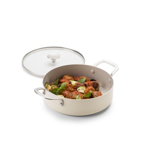 Tigaie din aluminiu KitchenAid 28 cm, cu capac din sticla, antiaderenta, crema - Img 1