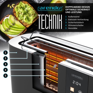 Toaster 2 felii Arendo LEVEL TOUCH, 1000W, 6 trepte rumenire, display LED, negru - Img 5