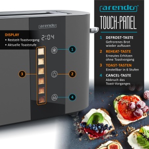 Toaster Arendo LEVEL TOUCH, 2 felii, 1000W, 6 trepte rumenire, ecran LED, Gri - Img 4