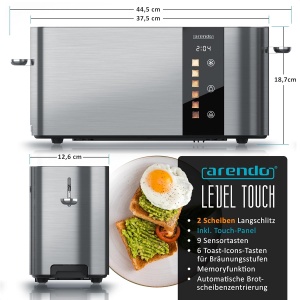 Toaster cu 2 feliute Arendo LEVEL TOUCH, 1000 W, inox, cu touchscreen - Img 2