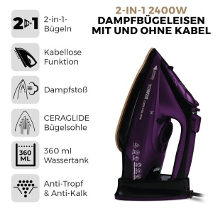 Tower T22008 Fier de calcat cu abur fara fir CeraGlide cu talpa ceramica - Fier de calcat cu abur cu functie variabila de abur, violet - Img 2