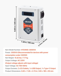 Transformator VEVOR 3000VA 110V-220V 2 prize EU USB LCD protectie termica - Img 7