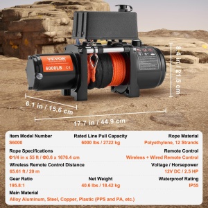 Troliu electric VEVOR S6000 12V DC 2722 kg IP55 cu telecomanda wireless si cablata - Img 7