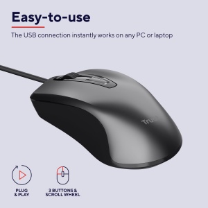 Trust Carve Mouse Optic cu Fir, Mouse cu Fir cu Port USB, 3 Butoane si Rotita de Derulare, 1200 DPI, pentru Dreptaci si Stangaci, PC/Laptop - Negru - Img 2