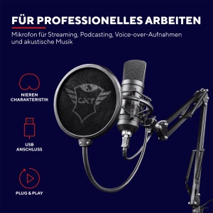 Trust Gaming 22400 GXT 252 Emita Plus Studio Microfon USB cu Brat si Filtru Pop, cu Model Cardioid pentru PC, PS4 si PS5, Streaming, Podcast, Voice-over - Negru - Img 2