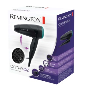 Uscator de par Remington [mic, pliabil si puternic] On The Go (2000 W, reglare a tensiunii la nivel mondial 120/220-240V, duza de coafare si difuzor, 2 setari combinate de incalzire si suflanta) Uscator de par de calatorie D1500 - Img 9