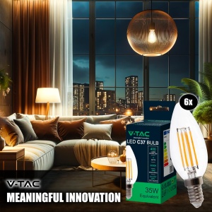 V-TAC 6x Bec LED Filament Lumanare E14 4W (echivalent cu 35W) - Alb cald 400 lumeni - Pachet de 6 - Eficienta maxima - Decorare filament - Becuri LED - Bec cu economie de energie - 3000K - Img 4