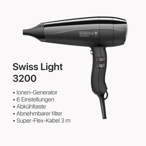 Valera, Swiss Light 3200, uscator de par profesional usor, uscator de par cu 3 setari de temperatura si buton de racire, filtru detasabil, cablu Super-Flex, 1600 W, Swiss Made - Img 2