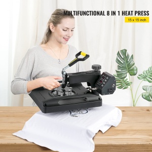 VEVOR 1200W Heat Press 8 IN 1 T-Shirt Press, 38 x 38cm Black Heat Press, Tricou Heat Press pentru aplicarea literelor, numerelor si modelelor pe sepci, tricouri, cani, farfurii 51 x 40 x 47cm - Img 2
