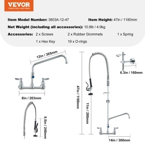 VEVOR Baterie Bucatarie Comerciala 3803A-12-47 Inaltime 118 cm Material Alama Cu Dus Extractibil - Img 7