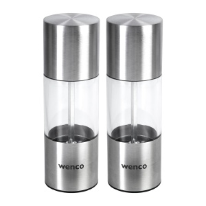 wenco Set de moara de sare si piper 2 bucati, mori de condimente din otel inoxidabil cu rasnita ceramica, dimensiune de macinare reglabila continuu, pentru condimente uscate, piper si sare, argintiu/transparent - Img 1