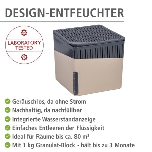 WENKO Dezumidificator de camera Mod. Cube, dezumidificator reduce mucegaiul si mirosurile, tava de scurgere cu bloc de granule de 1 kg reincarcabil, retine pana la 1,6 l de umiditate, 16,5 x 15,7 x 16,5 cm, bej - Img 2