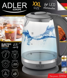 Adler AD 1286 Ceainic din sticla si plastic, 2L, 2000 W, iluminare LED, ceainic din sticla pentru ceai, filtru de calcar, oprire automata, incalzitor de imersie din otel inoxidabil, gri Transparent/Gri - Img 7