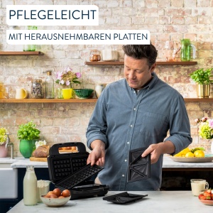Aparat combinat cu vafe sandwich 2 in 1 Tefal Jamie Oliver, placi cu acoperire antiaderenta, poate fi spalat in masina de spalat vase, lumina de functionare si control al temperaturii, infasurator de cablu, otel inoxidabil/negru, SW70J810 - Img 6
