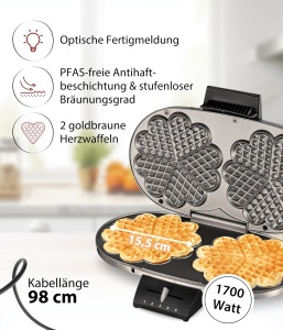 Aparat de facut vafe Cloer 1329, 1700 W, 2 vafe in forma de inima, inox - Img 2