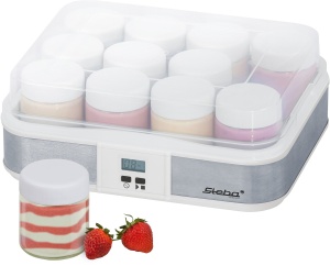 Aparat de iaurt Steba, functie de temporizator cu intrerupator de limita pentru o consistenta perfecta, indicator luminos de functionare, afisaj LCD, 12 vase de iaurt din sticla cu capac a 0,21 litri, 2,5 litri, JM 2 - Img 1