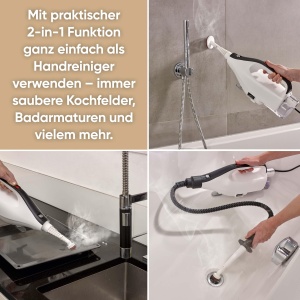 Aparatul de curatat cu abur 2 in 1 SEVERIN cu functie multifunctionala si accesorii combinate practice, pentru toate pardoselile dure si covoare, indeparteaza 99,9% bacterii, timp de incalzire de doar 15 secunde, cablu de 9m, alb/negru, SC 7145 - Img 2