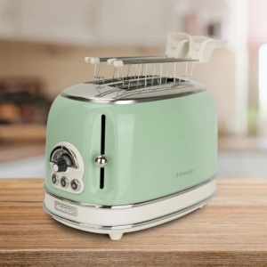 Ariete Vintage 155, prajitor de paine cu 2 felii, prajitor de paine retro cu 6 niveluri de paine prajita, evacuare automata, functie de dezghetare, tava detasabila pentru firimituri, carcasa din otel inoxidabil, cu cleste sandwich, 810W, Vert - Img 3