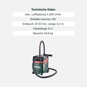 Aspirator Metabo ASA 30 L PC, puternic, cu filtru de curatare, pentru umed si uscat - Img 3