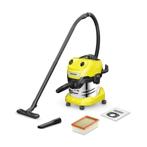 Aspirator umed si uscat Karcher WD 4 S V-20/5/22, recipient din otel inoxidabil de 20 l, 1000 W, cablu de 5 m, furtun de aspiratie de 2,2 m, duza de podea Clips, sistem de inchidere "Pull & Push", galben - Img 1