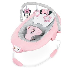 Balansoar vibrant Bright Starts, Disney Baby, Minnie Mouse Rosy Skies, cu muzică, comenzi de volum, 3 jucării, centură de siguranță, piciorușe antiderapante și multe altele