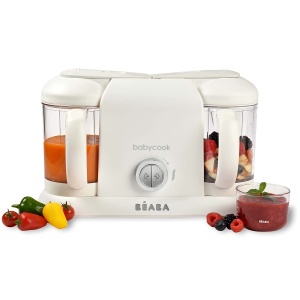 BEABA - Babycook Duo - Aparat de mancare pentru bebelusi 4 in 1 - Abur delicat - Gatire rapida cu abur in 15 minute - XXL Capacitate : 2x200 ml - Alb/Argintiu