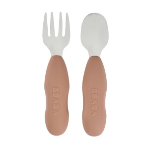 BEABA, set 2 tacamuri pentru copii din otel inoxidabil si silicon, tacamuri pentru copii, tacamuri pentru copii, de la 10 luni, forma ergonomica, maner ergonomic, tacamuri de invatare pentru copii, pralina
