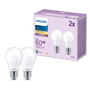 Bec LED Philips Classic E27 60W Lumina Calda Set 2 Bucati