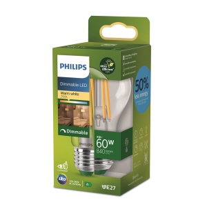 Bec LED Philips Classic ultra-eficient cu clasa de eficienta energetica A, inlocuieste 60W, baza E27, clara, lumina alba calda (2700K), reglabil, generatie veche