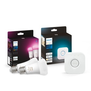 Becuri inteligente Philips Hue White and Color Ambiance E27, 800 lm, pachet 2 buc., cu Hue Bridge inclus