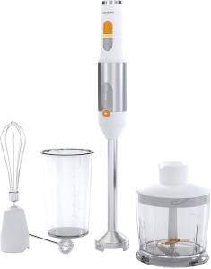 Blender de mana Sencor Ultra-Power 5-in-1, 1200W, cu tel, tocator si spumant de lapte, lame cvadruple din otel inoxidabil, control continuu al vitezei, design ergonomic - alb