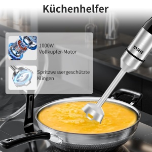 Blender de mana YASHE 5 in 1, blender de mana electric de 1000 W, blender de mana cu viteza continua, otel inoxidabil, set de blender de mana cu tocator de 500 ml, ceasca de masurare de 600 ml, tel si spumant de lapte - Img 4