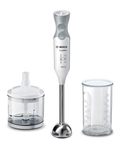 Blenderul de mana Bosch ErgoMixx MSM66120, baza blender din otel inoxidabil, ceasca de amestecare si masurare, cutit cu 4 lame, design ergonomic, 12 niveluri plus turbo, 600 W, alb/gri - Img 1