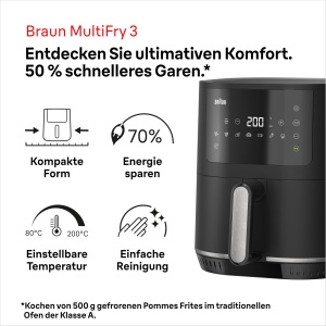 Braun Air Fryer MultiFry 3 HF 3030, 4,3 L, 1500W, control digital al temperaturii, 80-200degC, cronometru, 8 programe, control tactil, acoperire antiaderenta, cos de gatit si suport pentru masina de spalat vase, negru - Img 2