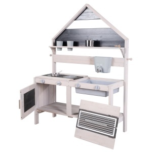 Bucatarie de joaca pentru copii Roba, din lemn FSC, gri, cu accesorii si design de casa