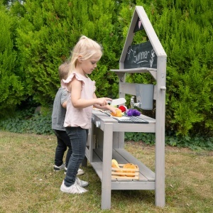 Bucatarie de joaca pentru copii Roba, din lemn FSC, gri, cu accesorii si design de casa - Img 11