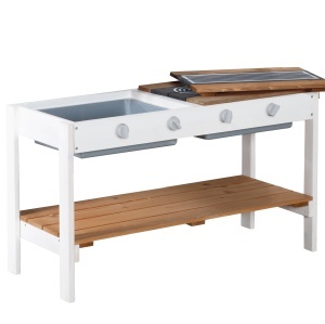Bucatarie de Joaca Roba pentru Exterior Model Alb-Maro cu Plite BBQ si Accesorii din Lemn Rezistent la Intemperii