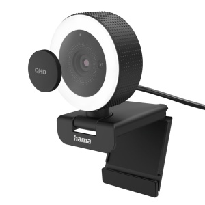 Camera web Hama cu lumina, telecomanda, zoom, mobil (camera PC QHD 2K cu microfon dublu, camera de streaming, capac camera web cu lumina inelara, focalizare automata, rotire la 360deg inclinare la 89deg, filet de 1/4 inch pentru trepied) negru
