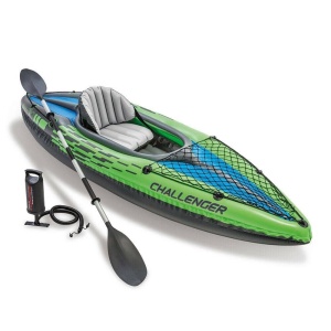 Canoe gonflabila Intex Challenger K1 Kayak 1 Man cu vasle din aluminiu si pompa de mana, verde/albastru - Img 1