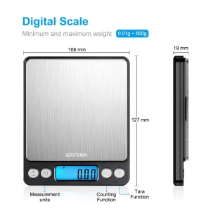 Cantar de bucatarie GRIFEMA Digital Profi (High Precision 0.01g-500g) - Cantar de precizie cu afisaj LCD si 2 baterii, Cantar automat de parcare si tara, Cantar de bucatarie mic cu 6 unitati - Img 2