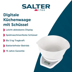 Cantar digital de bucatarie Salter cu bol detasabil de 2 litri, albsilver - Img 2