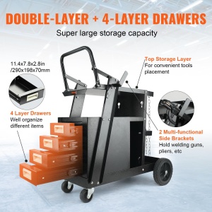 Carucior de sudura VEVOR 2 rafturi cu 4 sertare Sudare mobila Max. 100-120kg Carucior pentru masini de sudura cu suport pentru 2 butelii de gaz Ideal pentru sudare manuala Sudare cu gaz protejat Sudare cu arc de argon - Img 4
