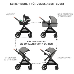 Carucior Kinderkraft ESME 3 in 1 set complet de pana la 26 kg, Sisteme de calatorie pentru carucior combinate cu scaun auto pentru bebelusi I-size 40-75 cm, Pliabil, Pozitie culcat, Gri - Img 3